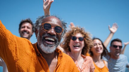 diverse group of friends laugh joyfully on beach vacation celebrating life mature man in orange shirt leads cheers with raised hand sky blue background people share happy moments