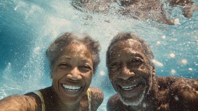 joyful senior black couple woman and man swim in cler water with a radiant smie