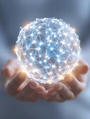 close up of hands holding abstract glowing polygonal globe on blurry background network communication and global innoovation concept no logos no brands ar 34