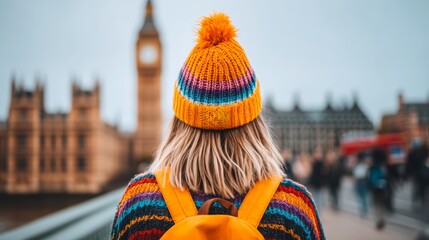 Young Woman in Colorful Sweater and Hat Near Iconic Big Ben in London