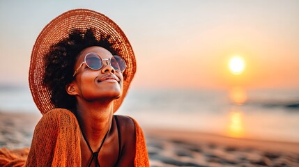 Joyful woman enjoying sunset on beach with stylish hat and sunglasses