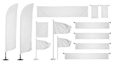 Collection of various blank white advertising banners and flags isolated on white background, perfect for showcasing your brand or promotional message