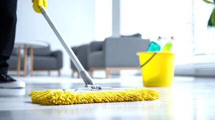 The employees are cleaning the floor with mops in the spacious office.