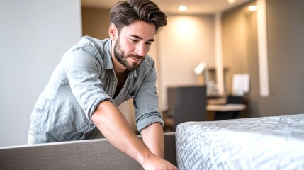 Handsome Man Adjusting Bedding in Modern Hotel Room Interior Design