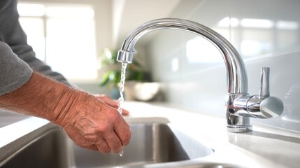 An elderly man is washing his hands with soap at the sink to maintain cleanliness and good health.
