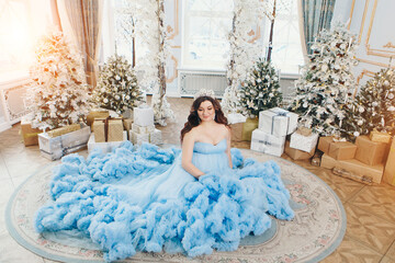 pregnant girl sitting on the floor in a lush blue dress. girl with dark hair wearing a crown. christmas decoration. High quality photo