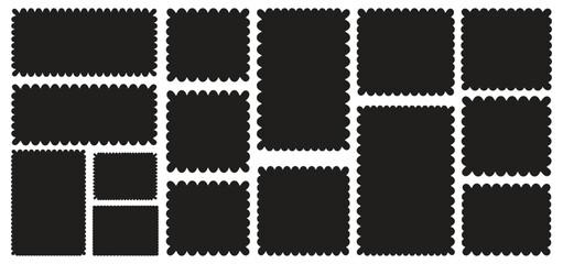 Zigzag edge rectangle shape collection. Rectangle Isolated elements for design of text box, badge, banner, torn paper, jagged box with zigzag edges. Rectangular and square scalloped frames.  