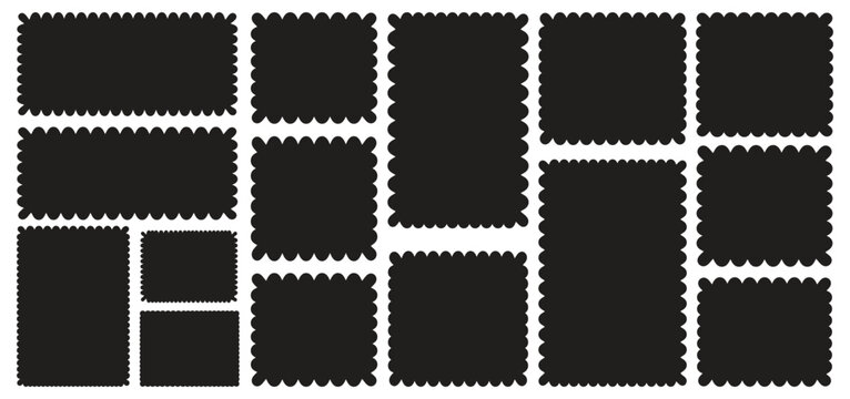 Zigzag edge rectangle shape collection. Rectangle Isolated elements for design of text box, badge, banner, torn paper, jagged box with zigzag edges. Rectangular and square scalloped frames.  