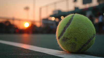Close-Up of a Tennis Ball on Court with Sunset in Background
