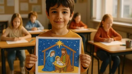 Proud student holding a Christmas Nativity drawing in a classroom. A young boy shows his religious art project at school. Childhood creativity and Christian education concept