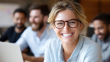 Happy Woman with Glasses Smiling in Creative Office Environment