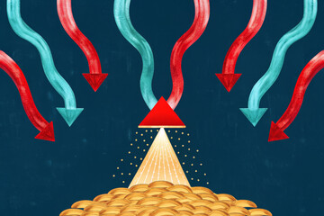 Red triangle teal arrows golden coins capital flow wealth accumulation investment concept financial growth economic influx money funnel abstract finance