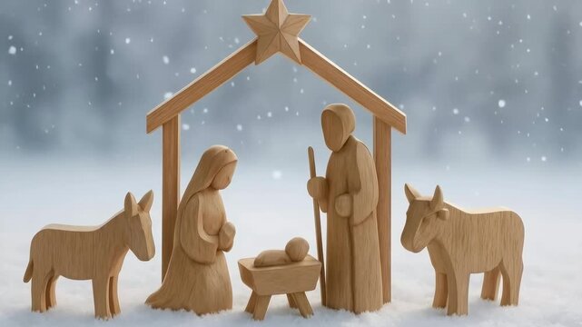 A wooden nativity scene with the Holy Family in a snowy winter landscape. Animated snow falls on the birth of Jesus in a manger. Traditional Christian Christmas holiday concept