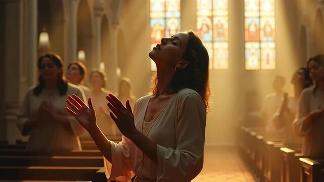 A woman with hands raised in prayer and worship inside a church. A congregation of people expressing their faith with devotion. Spiritual scene with divine light streaming through windows