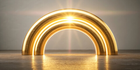 Golden arc glowing rainbow radiant light metallic sculpture golden shine modern design minimal style studio scene success symbol leadership concept brighten mood with warm glow on reflective floor