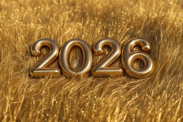 2026 golden metallic number digits new year celebration shiny glitter festive typography glamour luxury metallic surface gold texture background closeup macro holiday party event date countdown