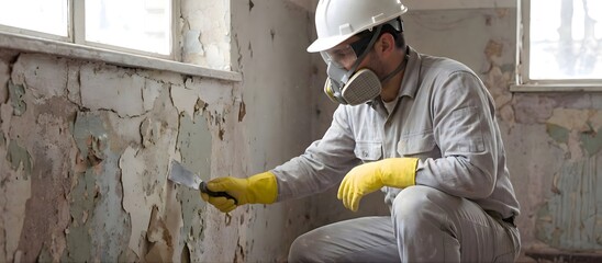 Worker Removing Old Peeling Paint with Scraper Wearing Safety Mask Gloves and Helmet Preparing Wall Surface for Renovation to Prevent Inhalation of Toxic Substances