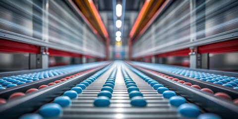 Industrial conveyor factory line motion blur blue sphere red sphere symmetry perspective steel roller manufacturing automation