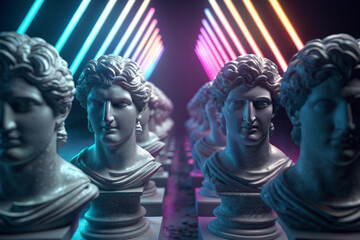 Neon sculpture classical bust marble statue moody lighting vaporwave aesthetic cyberpunk art symmetrical row glowing tubes pastel neon dramatic shadow. Neon sculpture classical bust marble statue