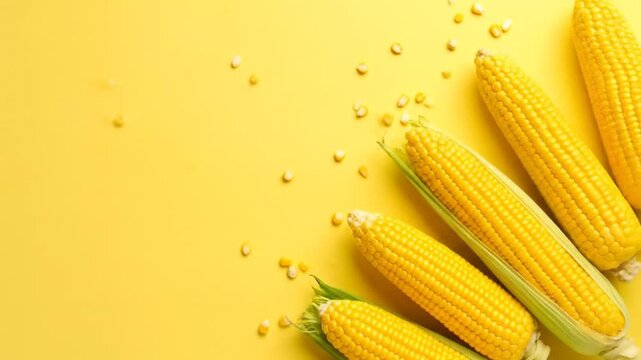 Fresh corn on the cob on yellow backdrop.