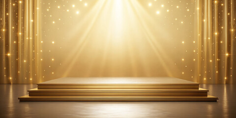 Golden stage luxury backdrop spotlight shimmering bokeh elegant podium gold curtain glowing light glamorous scene festive sparkle premium background radiant glow enhances golden stage and luxury