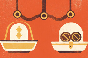 Retro minimal graphic icon duo flat design orange background cream accent gold detail abstract balance vintage texture geometric symbol modern poster style playful concept evokes curiosity and calm