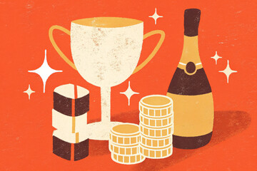 Golden trophy champagne bottle poker chip coin stack sparkle celebration success victory reward luxury pulse in festive scene with premium success atmosphere in soft metallic gold