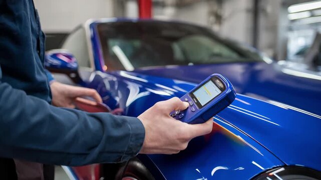 Specialist using gloss meter to measure shine intensity on automotive paint finish ensuring optimal surface quality.