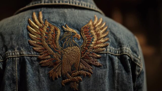 Ultra HD Close up of an embroidered golden eagle patch on the back of a blue denim jacket video