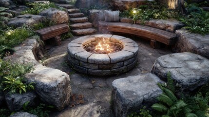 Fototapeta premium cozy outdoor fire pit with stone surround and seating area firepit backyard