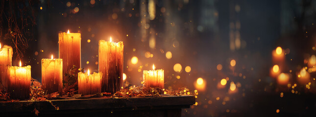 Beautiful background with candles and glowing lights, creating an atmosphere of christmas.