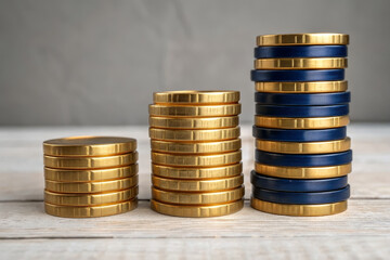 Gold coin stack navy coin stack layered finance wealth growth savings progression investment concept budget planning financial strategy money management economic ladder