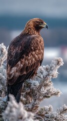 Fototapeta premium Golden eagle perched majestically on a frosted tree branch, observing the surroundings with keen eyesight