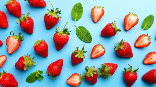 Fresh strawberries and mint on blue.