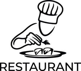 Chef garnishing food on a plate with the word restaurant below