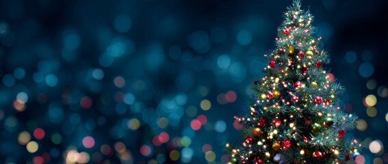 Christmas tree adorned with colorful decorations stands against a dark blue background.