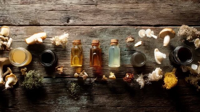 A rustic wooden table displays an assortment of mushroom extracts in various glass containers capturing the diversity of natural remedies derived from fungi.