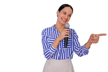 Woman speaking on microphone and pointing, presenting information, hosting events, delivering message, transparent background