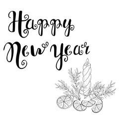 Happy New Year hand lettering with candle and winter botanical elements