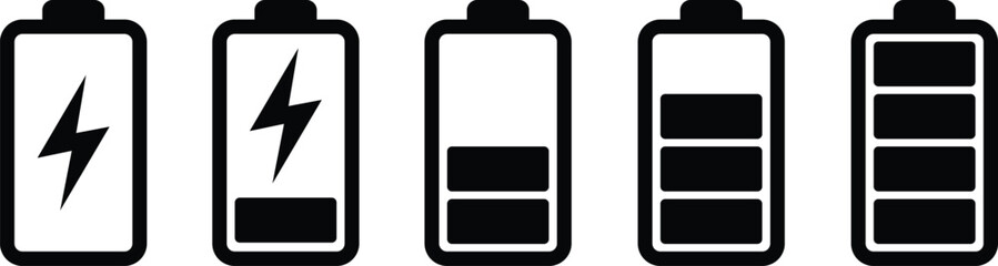 Five black battery icons showing different charge levels and charging symbol power energy © Vector Maker