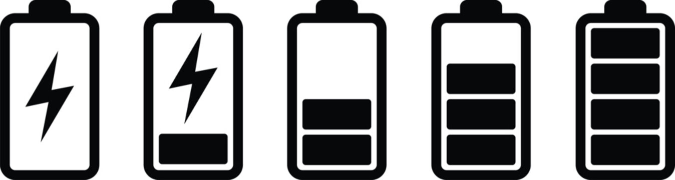 Five black battery icons showing different charge levels and charging symbol power energy
