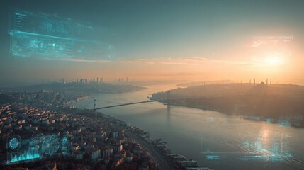 An aerial view of a city landscape with a river cutting through, captured at sunset, with a high-tech overlay. The scene is bathed in a warm, inviting light.