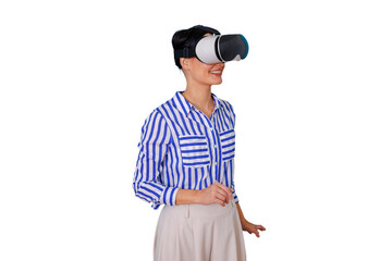 Woman smiling and engaging with a vr headset, immersing herself in a virtual world and future digital experiences, transparent background