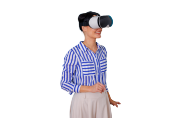 Woman smiling and engaging with a vr headset, immersing herself in a virtual world and future digital experiences, transparent background