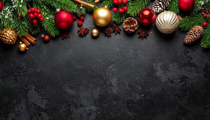 Christmas ornaments on the black background.