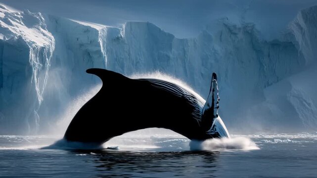 Ultra HD Majestic humpback whale breaching near massive blue iceberg in icy antarctic waters video