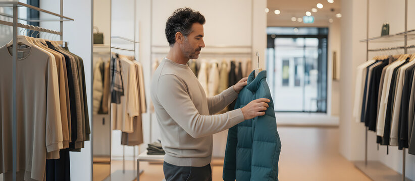 Man choosing a stylish puffer jacket while shopping in the store  