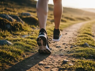 Person walking on a dirt path in a grassy field with rocks and sunlight