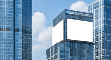 Blank billboard on top of a modern glass building against a blue sky with clouds, offering a great advertising opportunity in the city center