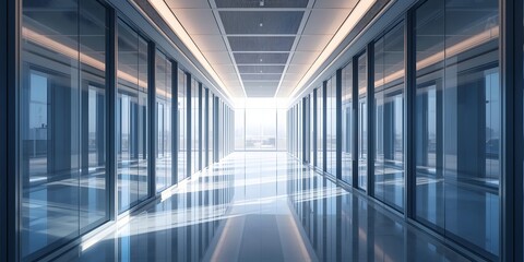 Obraz premium Modern, bright, empty office corridor with glass walls and reflective floors leading to natural light. Ideal for concepts of progress, future, corporate success, or architectural design.